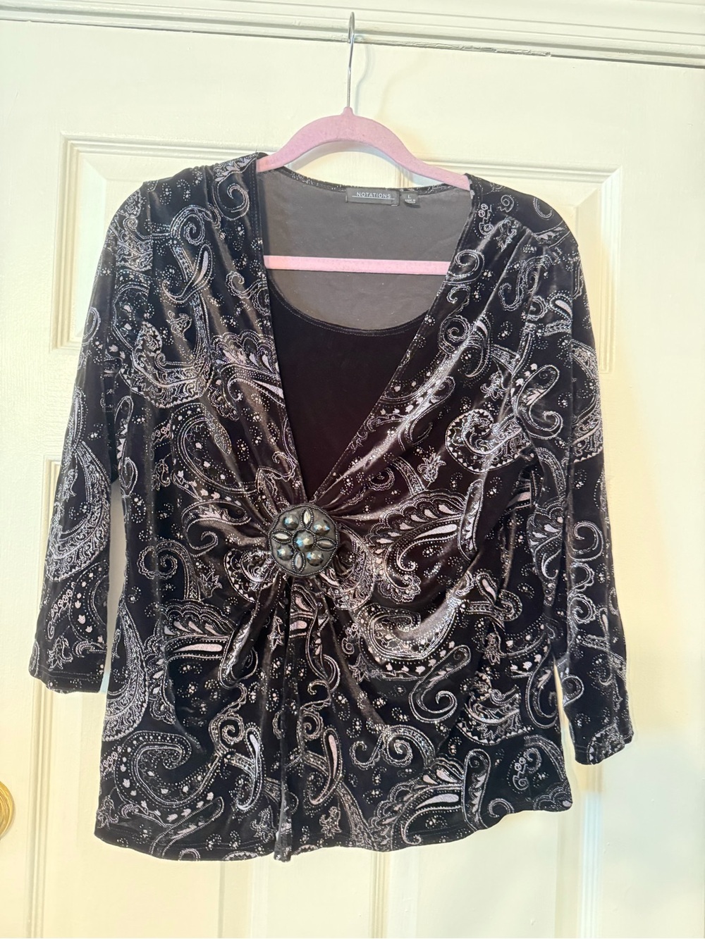 Notations Black Velvet Paisley Wrap Top with Decorative Brooch
